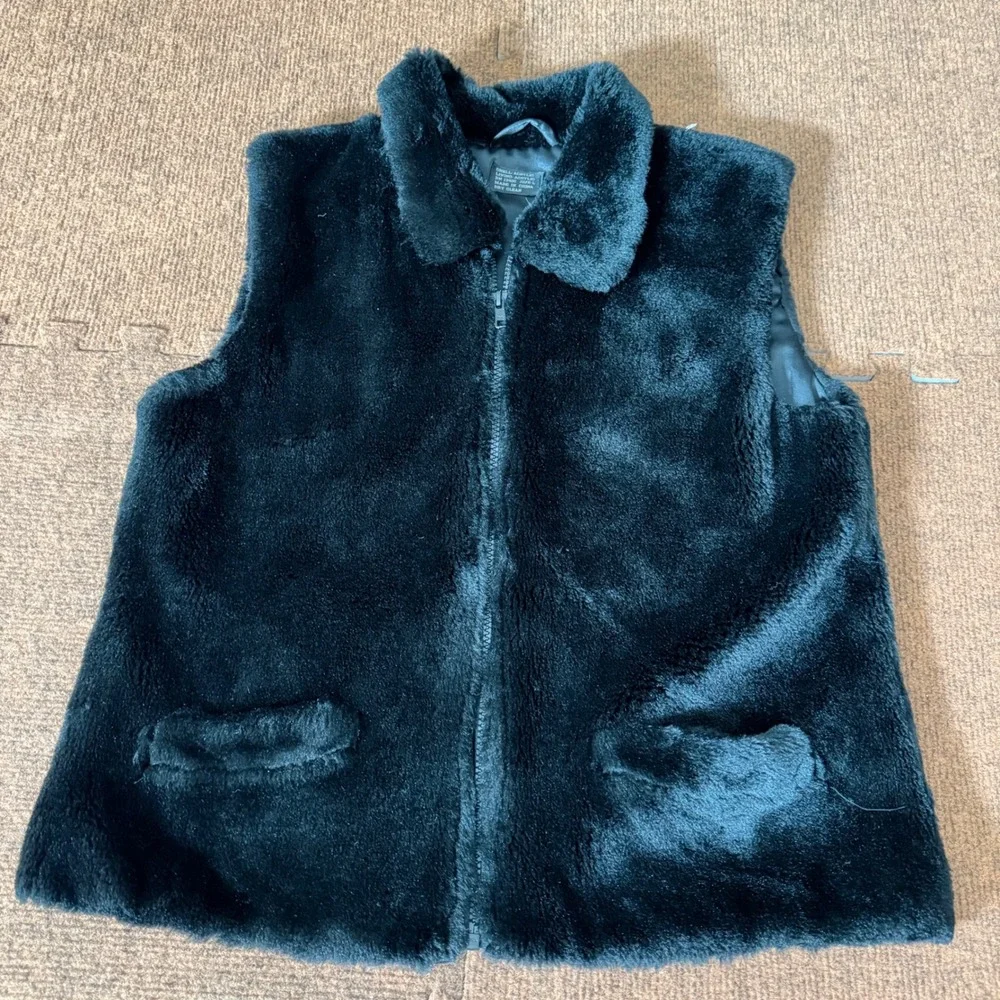 Vintage Black Faux Fur Full Zip Vest with Pockets Size Large RN 13326 A+ vtg - Picture 1 of 7